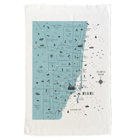 Miami Map Microfiber Kitchen Towel Graphic Print With Towns and Icons