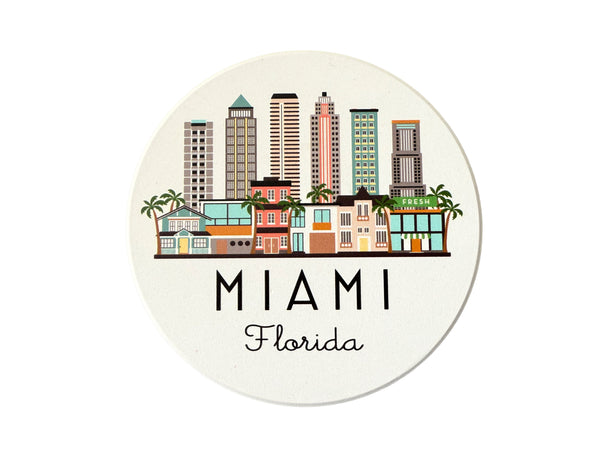 Miami Florida Skyline Absorbent Flat Ceramic Coaster with Cork Backing