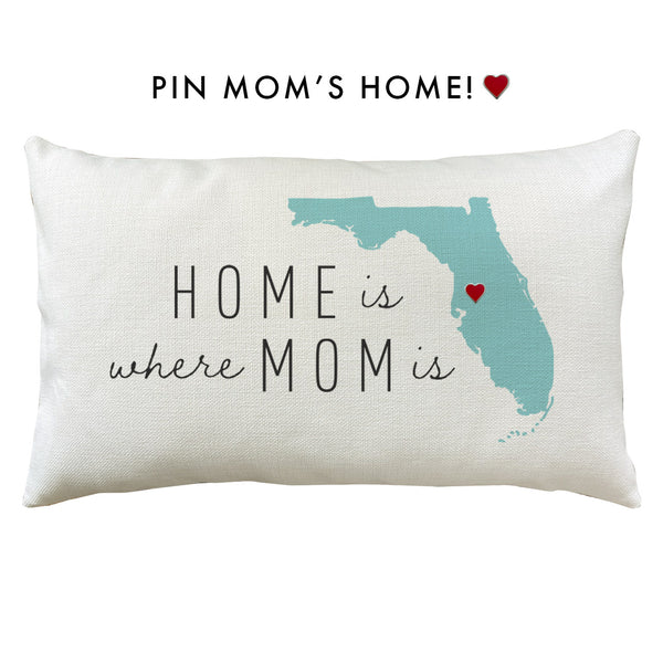 Home Is Where Mom Is Florida State Map Pillow Cover | Pin-Your-Mom's-Home Map Pillow Decorative Throw Pillow Cushion Sham