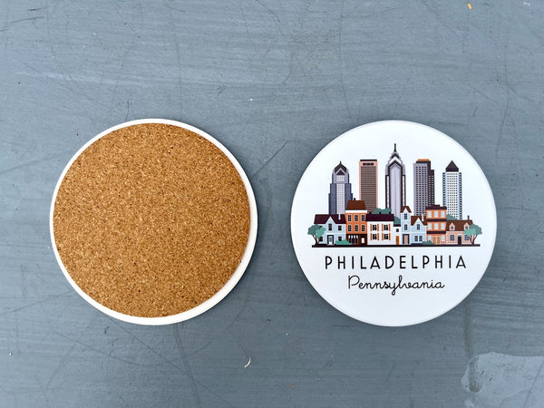 Philadelphia Pennsylvania Cityscape Skyline Graphic Flat Ceramic Coaster with Cork Backing