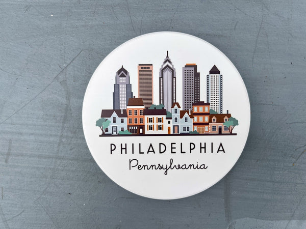 Philadelphia Pennsylvania Cityscape Skyline Graphic Flat Ceramic Coaster with Cork Backing