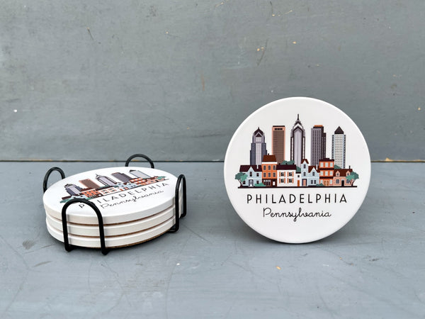Philadelphia Pennsylvania Cityscape Skyline Graphic Flat Ceramic Coaster with Cork Backing