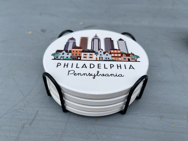 Philadelphia Pennsylvania Cityscape Skyline Graphic Flat Ceramic Coaster with Cork Backing