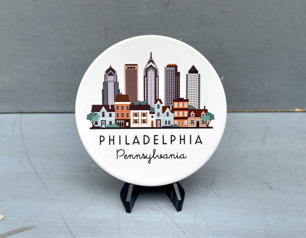 Philadelphia Pennsylvania Cityscape Skyline Graphic Flat Ceramic Coaster with Cork Backing
