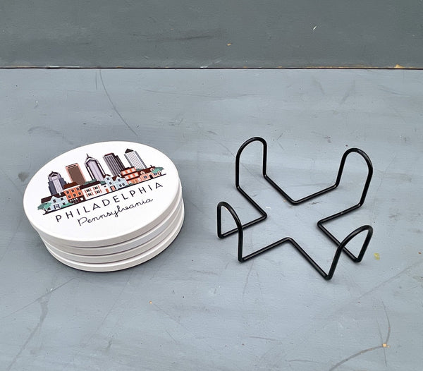 Philadelphia Pennsylvania Cityscape Skyline Graphic Flat Ceramic Coaster with Cork Backing