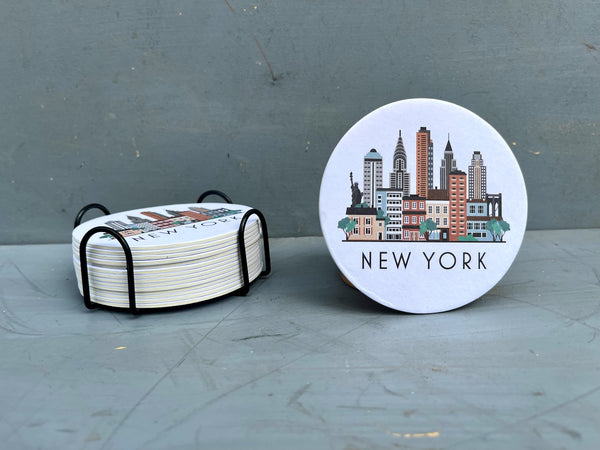 New York City Paper Pulp Board Coasters | Set of 15 With Black Metal Stand | Absorbent Disposable Reusable Party Bar Coasters