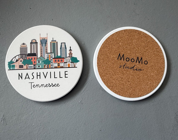 Nashville Tennessee Cityscape Skyline Graphic Absorbent Flat Ceramic Coaster with Cork Backing