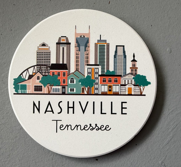 Nashville Tennessee Cityscape Skyline Graphic Absorbent Flat Ceramic Coaster with Cork Backing