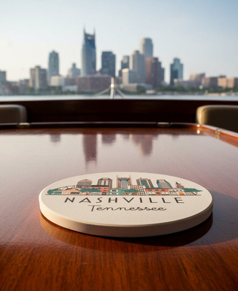 Nashville Tennessee Cityscape Skyline Graphic Absorbent Flat Ceramic Coaster with Cork Backing