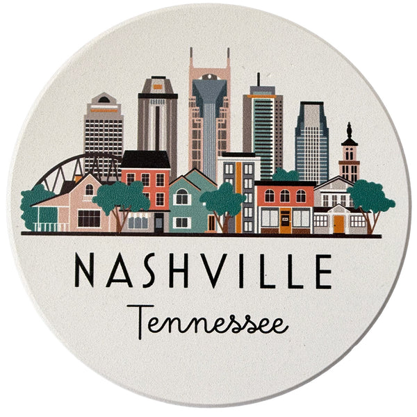 Nashville Tennessee Cityscape Skyline Graphic Absorbent Flat Ceramic Coaster with Cork Backing