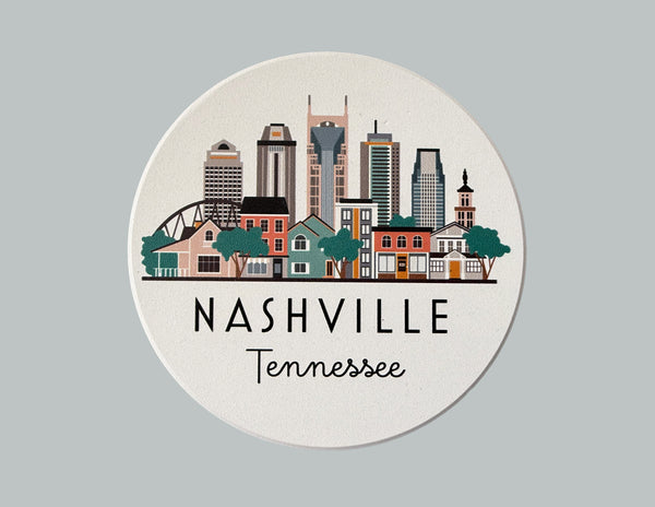 Nashville Tennessee Cityscape Skyline Graphic Absorbent Flat Ceramic Coaster with Cork Backing
