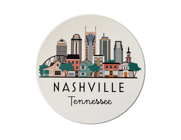 Nashville Tennessee Cityscape Skyline Graphic Absorbent Flat Ceramic Coaster with Cork Backing
