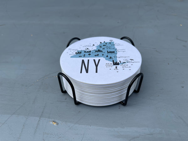 New York Icon Map Paper Pulp Board Coasters | Set of 15 With Black Metal Stand | Absorbent Disposable Reusable Party Bar Coasters