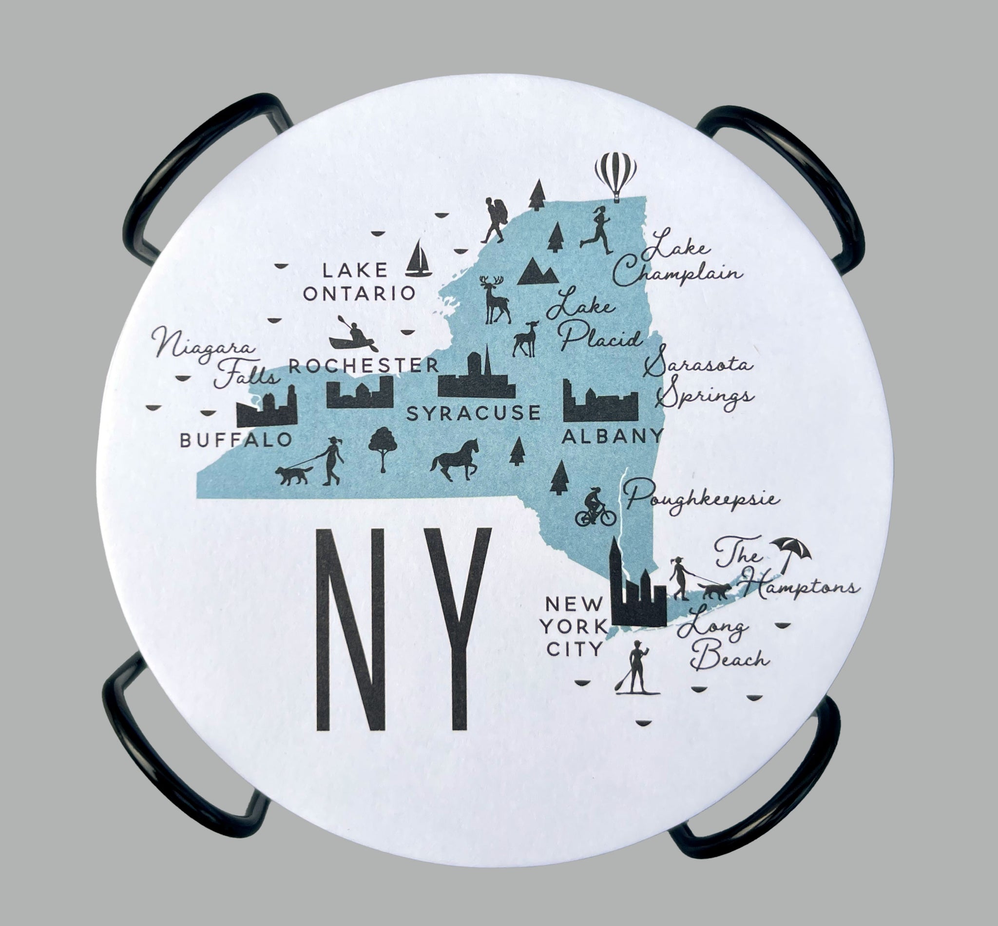New York Icon Map Paper Pulp Board Coasters | Set of 15 With Black Metal Stand | Absorbent Disposable Reusable Party Bar Coasters