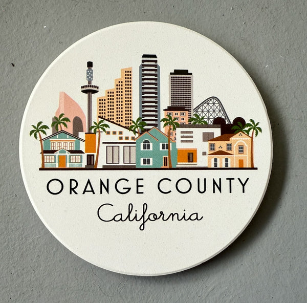Orange County California Illustrated Absorbent Stone Ceramic Coaster with Cork Backing