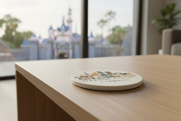 Orange County California Illustrated Absorbent Stone Ceramic Coaster with Cork Backing