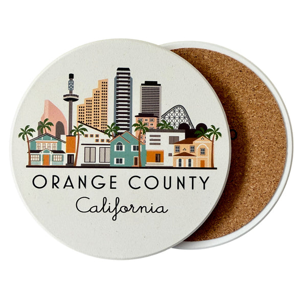Coaster with a cityscape design and 'Orange County California' text on a white background