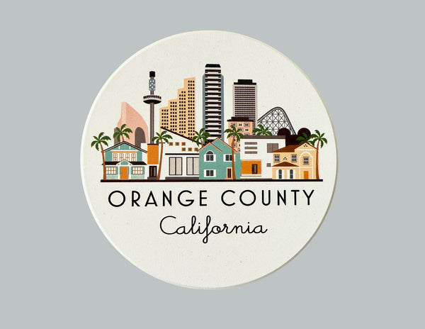 Orange County California Illustrated Absorbent Stone Ceramic Coaster with Cork Backing