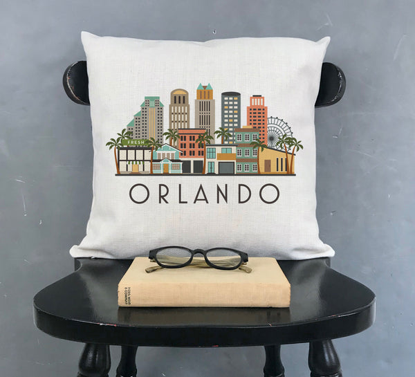 Orlando Skyline Graphic Pillow Cover | Florida Decorative Throw Pillow Cushion Sham