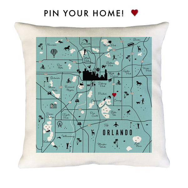 Orlando Pin-Your-Home Map Pillow Cover | Jax Florida Icon Decorative Throw Pillow Cushion Sham