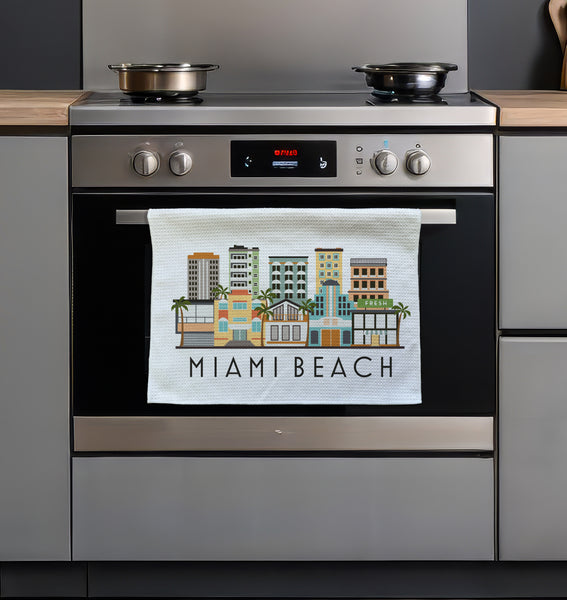 Miami Beach Florida Cityscape Skyline Graphic Microfiber Kitchen Towel Art Deco Graphic Print