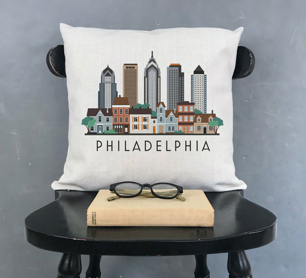 Philadelphia Pennsylvania Skyline Graphic Pillow Cover | Philly Decorative Throw Pillow Cushion Sham