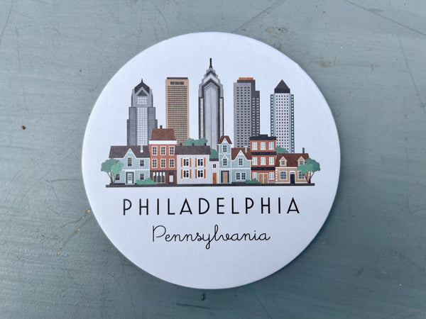 Philadelphia Skyline Paper Pulp Board Coasters | Set of 15 With Black Metal Stand | Absorbent Disposable Reusable Party Bar Coasters