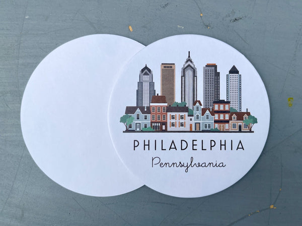 Philadelphia Skyline Paper Pulp Board Coasters | Set of 15 With Black Metal Stand | Absorbent Disposable Reusable Party Bar Coasters