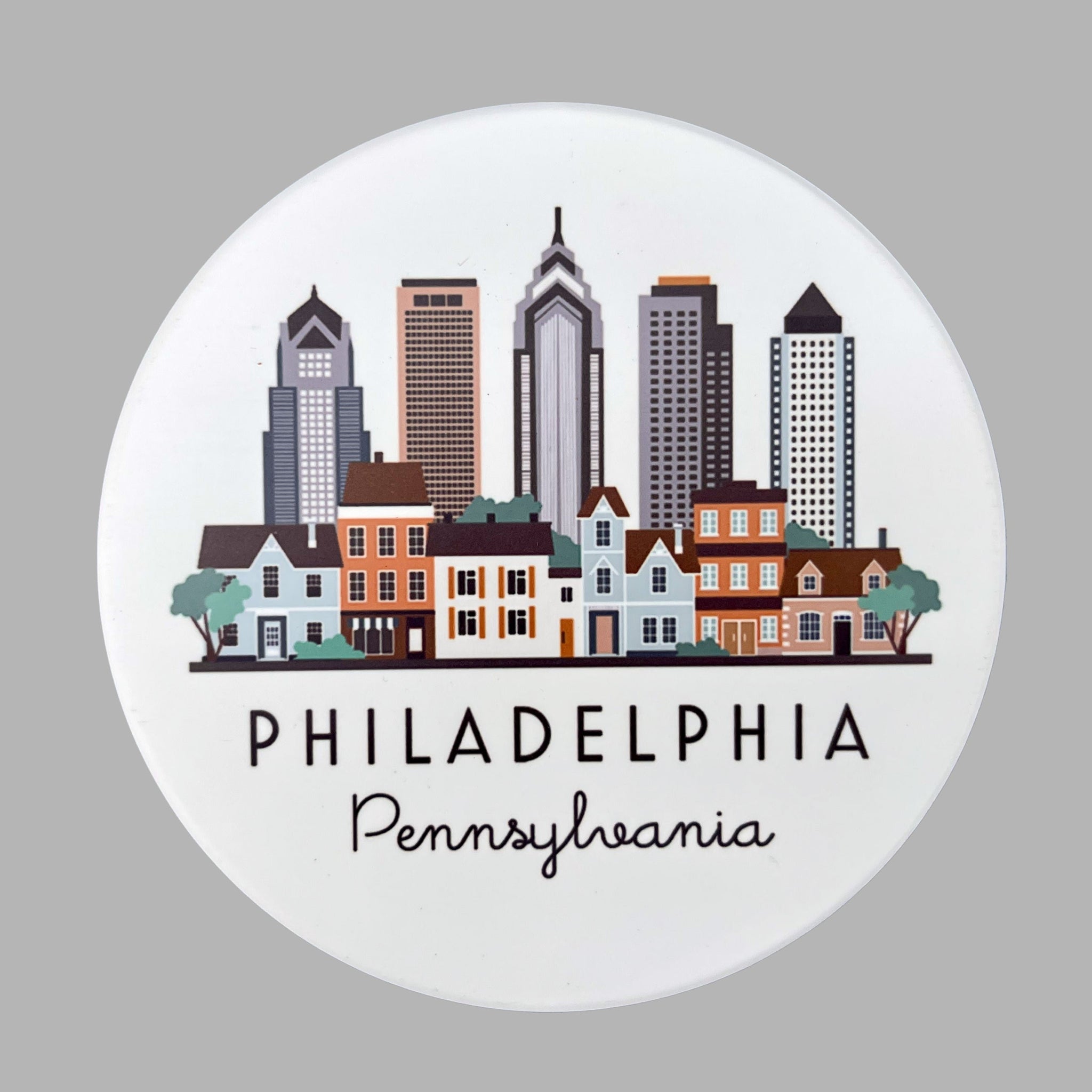 Philadelphia Pennsylvania Cityscape Skyline Graphic Flat Ceramic Coaster with Cork Backing