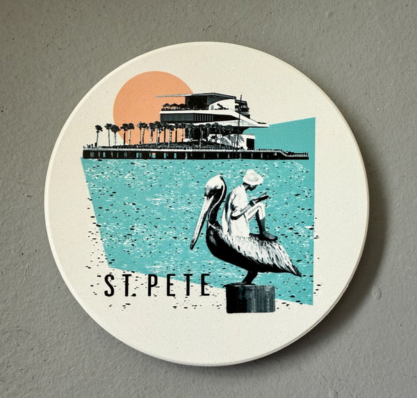 St. Petersburg Florida Collage Pier Absorbent Flat Ceramic Coaster with Cork Backing