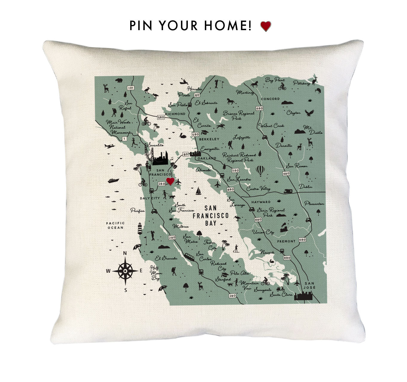 San Francisco Bay Area Pin-Your-Home Map Pillow Cover | Icon Map Decorative Throw Pillow Cushion Sham