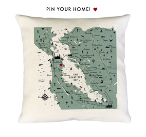 San Francisco Bay Area Pin-Your-Home Map Pillow Cover | Icon Map Decorative Throw Pillow Cushion Sham