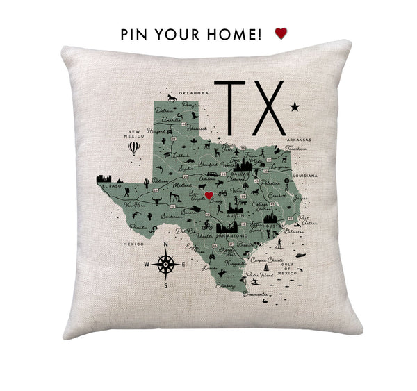 Texas State Icon Map Pillow Cover | Graphic Decorative Throw Pillow Cushion Sham