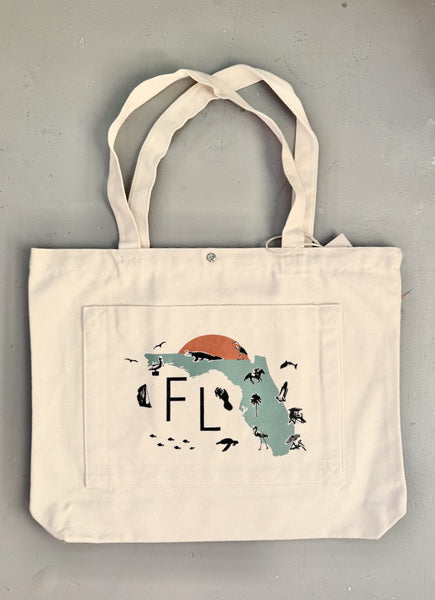 Florida Sunrise Map Collage with Icons Pocket Tote Bag | Shopping Tote Beach Bag