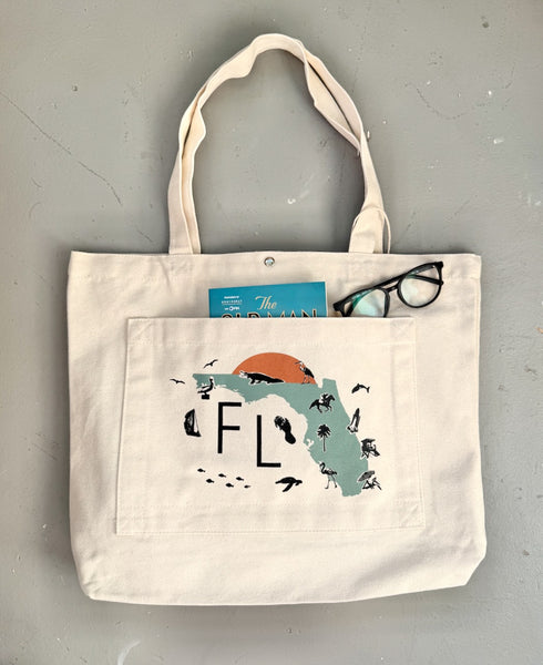 Florida Sunrise Map Collage with Icons Pocket Tote Bag | Shopping Tote Beach Bag