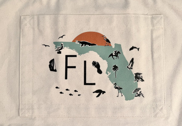 Florida Sunrise Map Collage with Icons Pocket Tote Bag | Shopping Tote Beach Bag