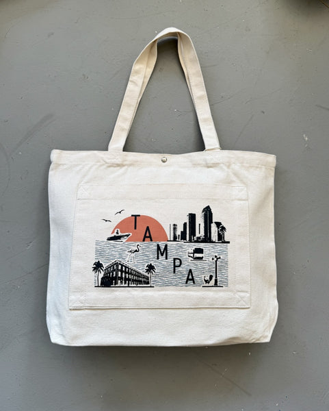 Tampa Skyline and Icons Collage Pocket Tote Bag | Tampa Shopping Tote Beach Bag