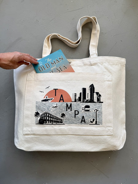Tampa Skyline and Icons Collage Pocket Tote Bag | Tampa Shopping Tote Beach Bag