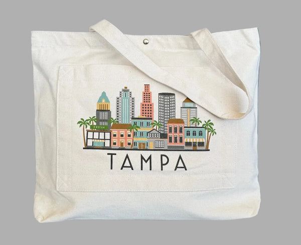 Tampa Florida Skyline Graphic Pocket Tote Bag | TPA Shopping Tote Beach Bag
