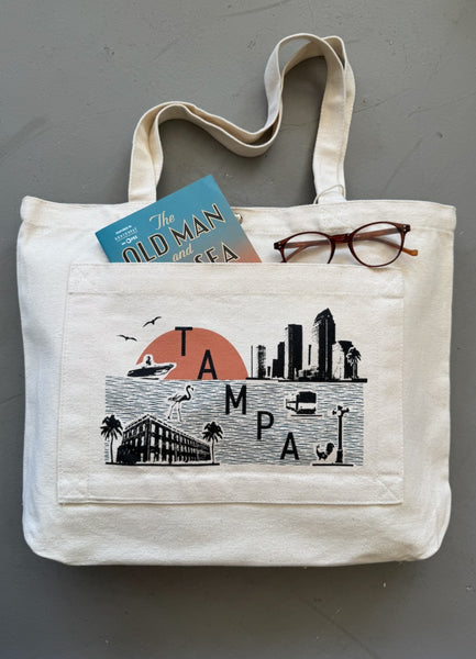 Tampa Skyline and Icons Collage Pocket Tote Bag | Tampa Shopping Tote Beach Bag