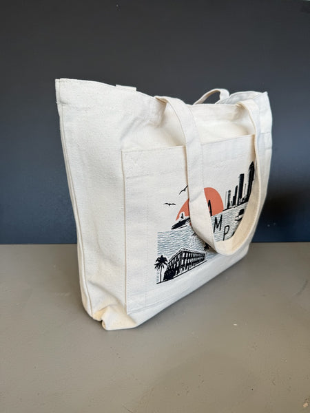 Tampa Skyline and Icons Collage Pocket Tote Bag | Tampa Shopping Tote Beach Bag