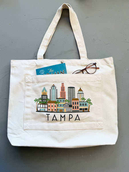 Tampa Florida Skyline Graphic Pocket Tote Bag | TPA Shopping Tote Beach Bag