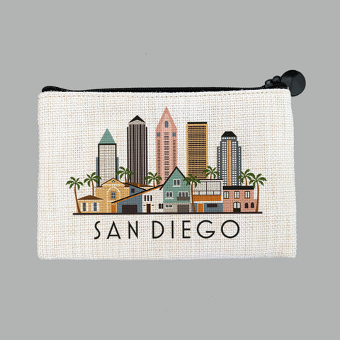San Diego California Cityscape Graphic Skyline Flat Coin Purse Zipper Gift Credit Card Pouch