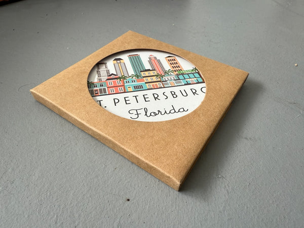 St. Petersburg Florida Illustrated Skyline Absorbent Flat Ceramic Coaster with Cork Backing