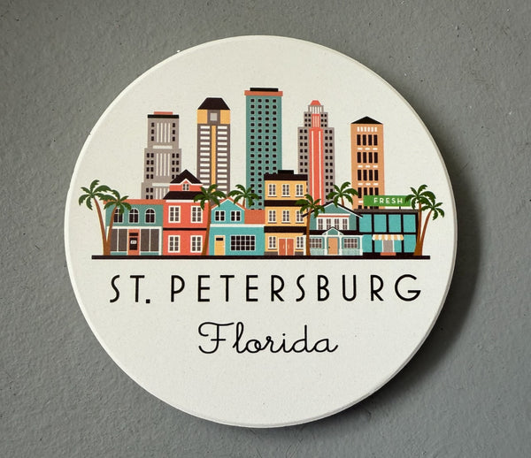 St. Petersburg Florida Illustrated Skyline Absorbent Flat Ceramic Coaster with Cork Backing