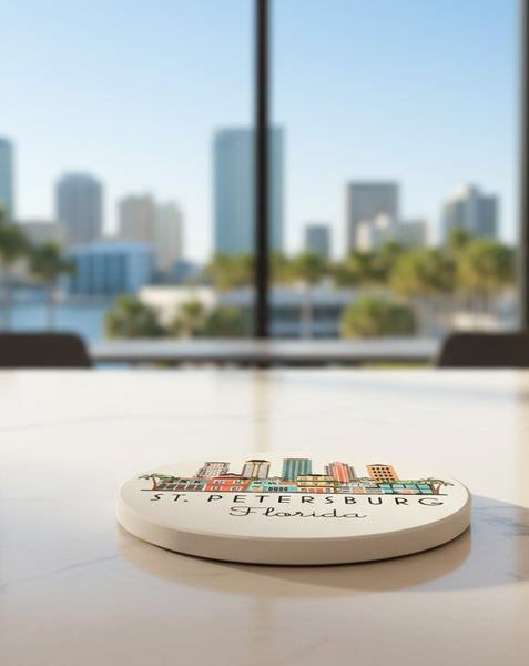St. Petersburg Florida Illustrated Skyline Absorbent Flat Ceramic Coaster with Cork Backing