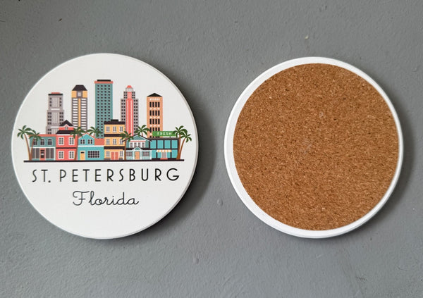 St. Petersburg Florida Illustrated Skyline Absorbent Flat Ceramic Coaster with Cork Backing