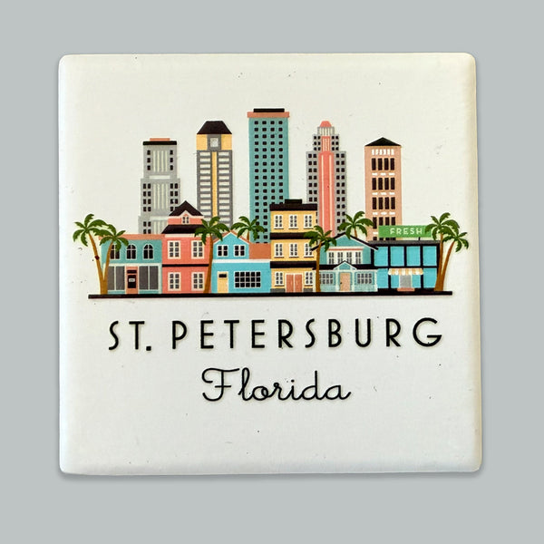 St. Petersburg Florida Illustrated Skyline Ceramic Fridge Magnet