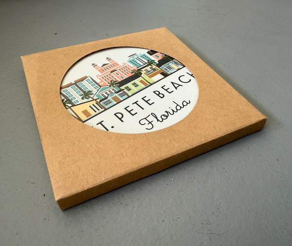 St. Pete Beach Florida Illustrated Skyline Absorbent Flat Ceramic Coaster with Cork Backing