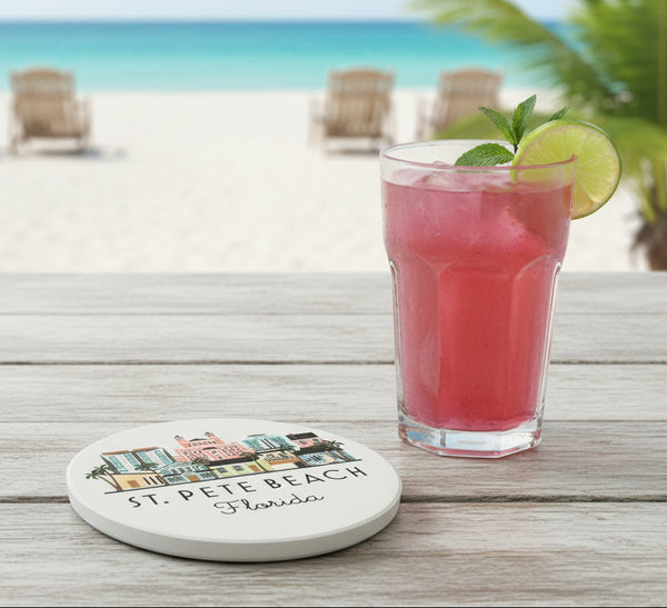 St. Pete Beach Florida Illustrated Skyline Absorbent Flat Ceramic Coaster with Cork Backing